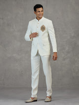 Ivory white wedding jodhpuri suit with metallic detailing