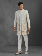 Beige and gold silk jacquard Indowestern set with intricate embellishments