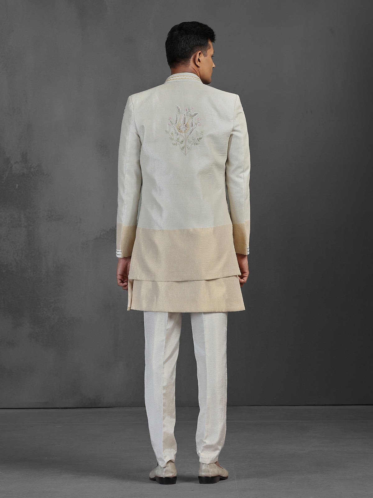 Beige and gold silk jacquard Indowestern set with intricate embellishments