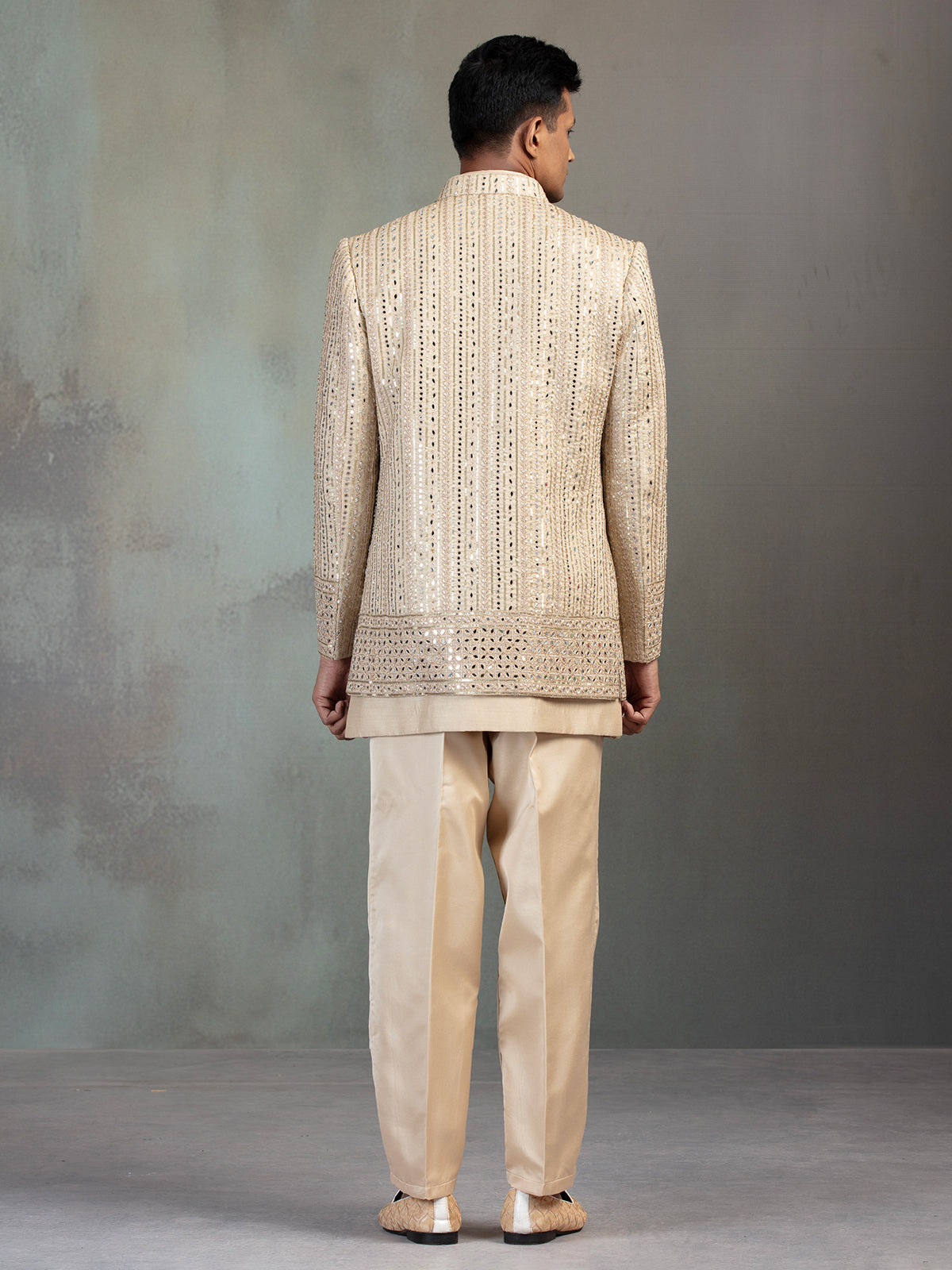 Gold mirror worked silk blend Indowestern set for men