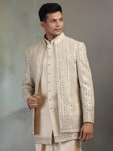 Gold mirror worked silk blend Indowestern set for men