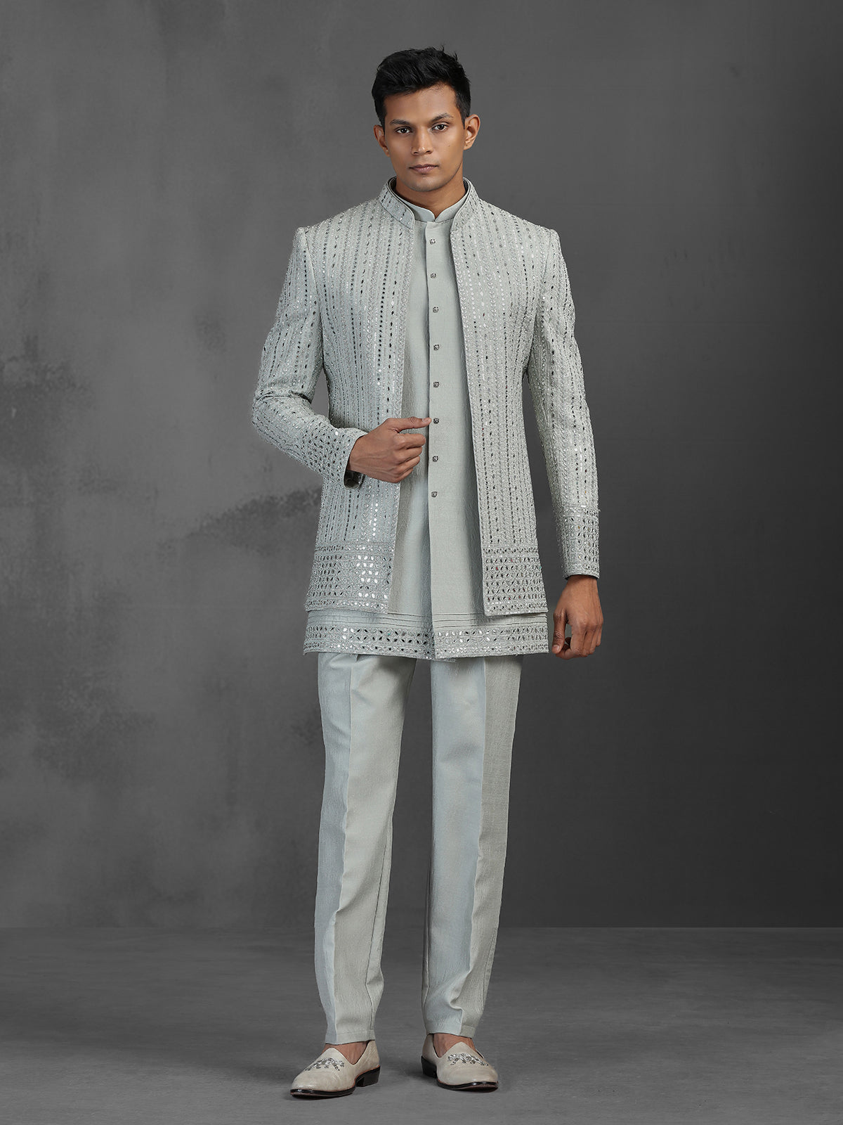 Pearl grey with pista tone mirror worked silk blend Indowestern set for reception