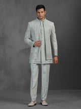Pearl grey with pista tone mirror worked silk blend Indowestern set for reception