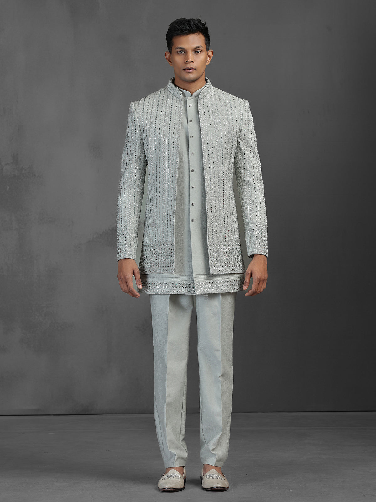 Pearl grey with pista tone mirror worked silk blend Indowestern set for reception