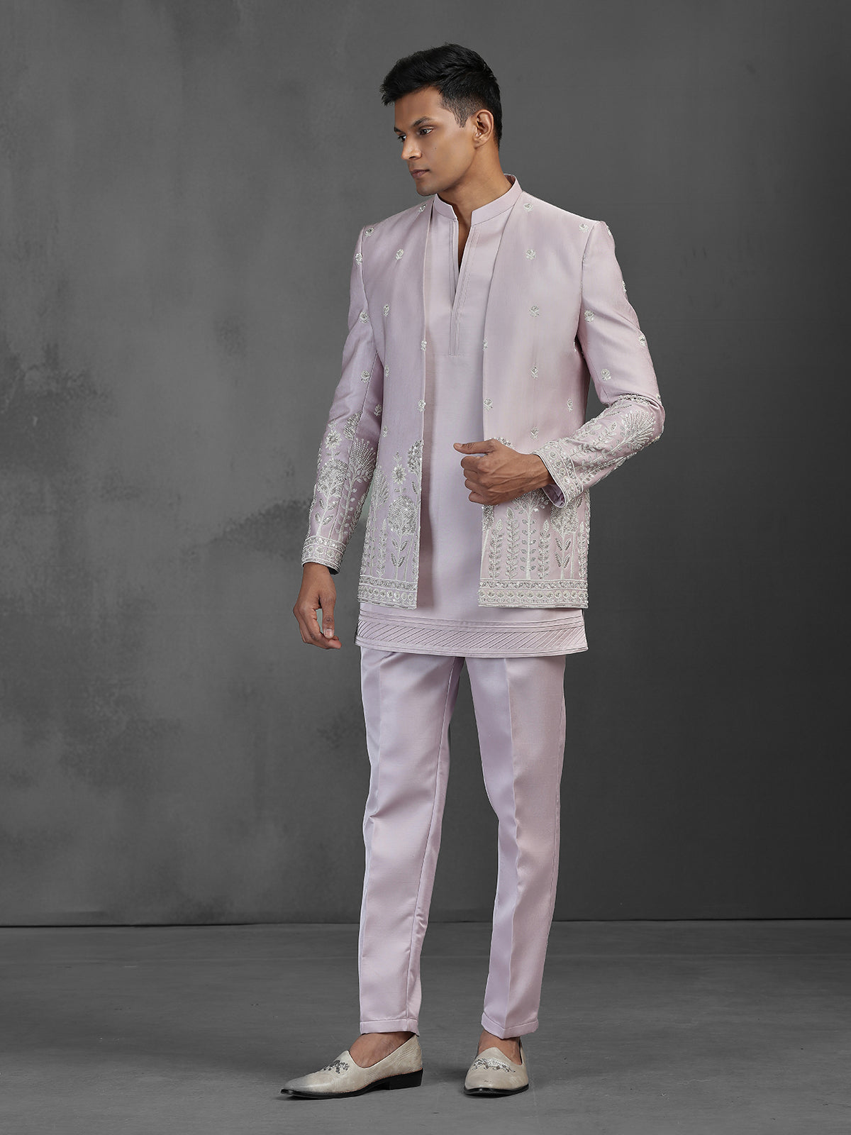 Lilac purple silk Indowestern set for wedding ceremonies