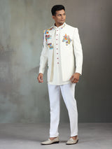 Off white terry rayon Indowestern set with multicolor bead detailing