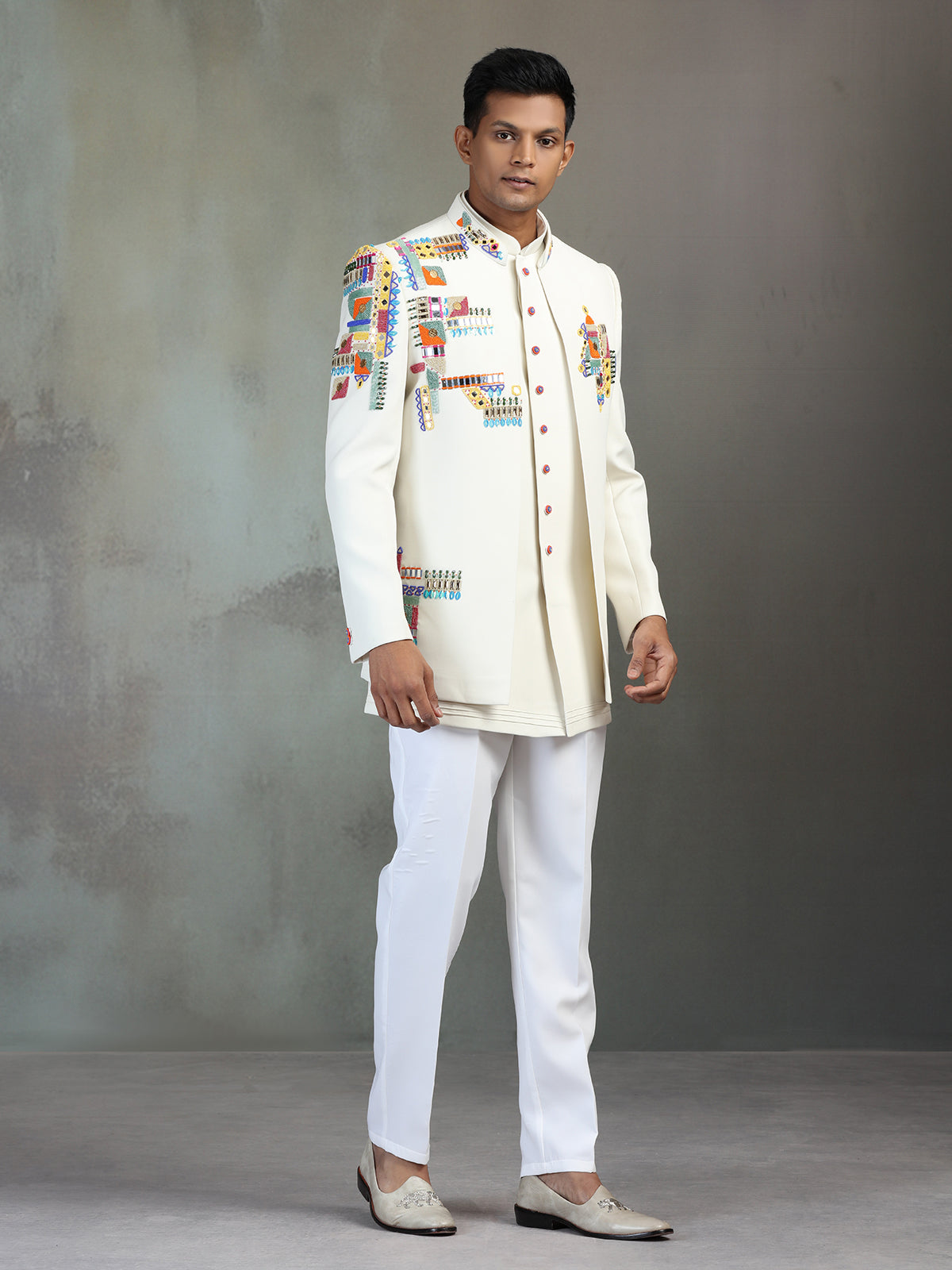 Off white terry rayon Indowestern set with multicolor bead detailing