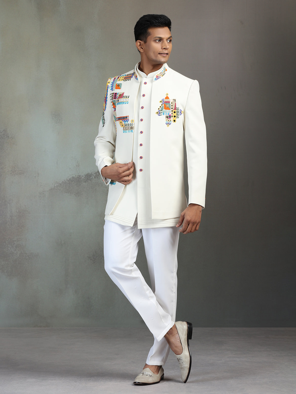 Off white terry rayon Indowestern set with multicolor bead detailing