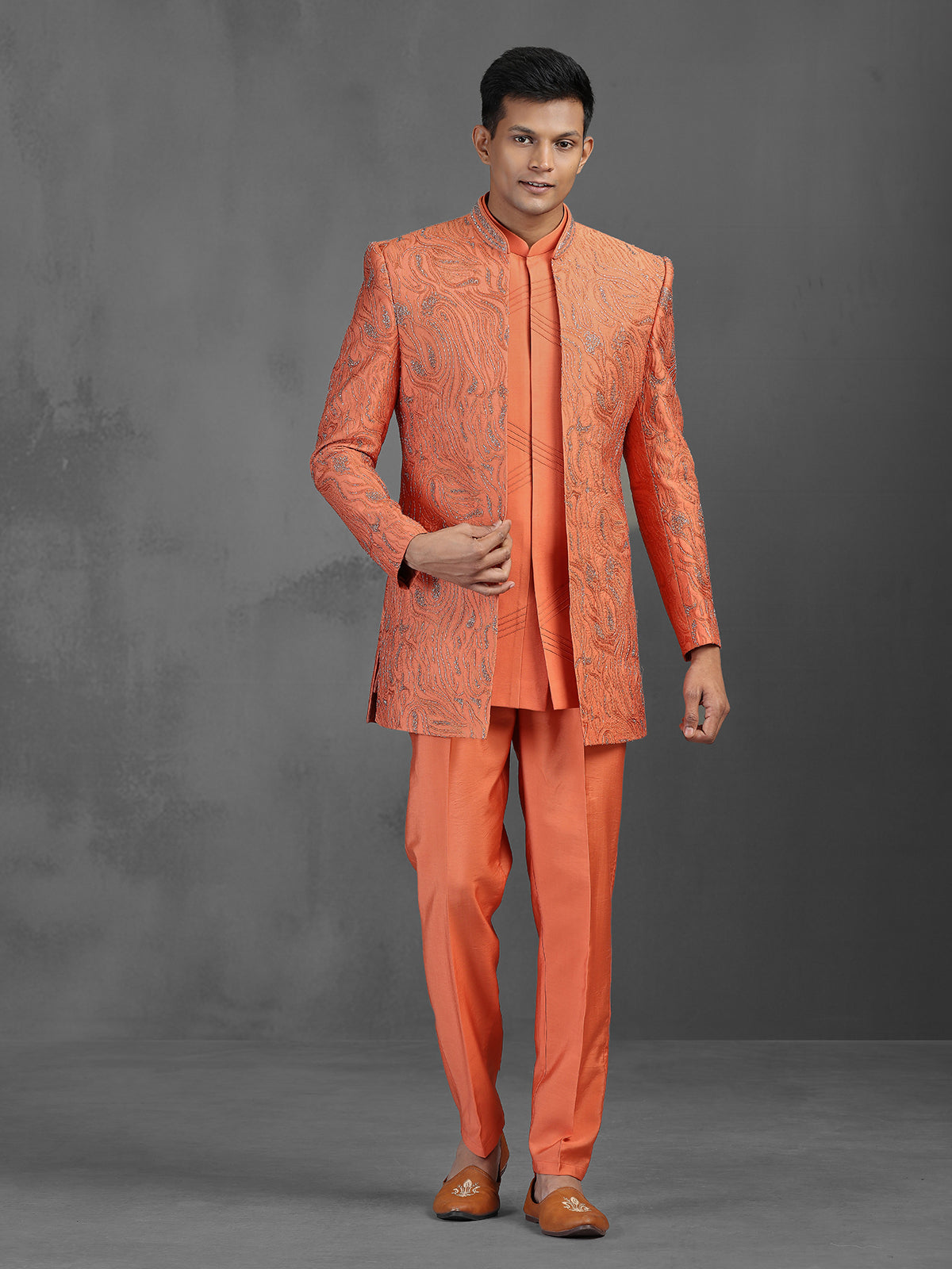 Orange cutdana worked silk Indowestern set