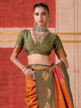 Orange silk saree with bold green border