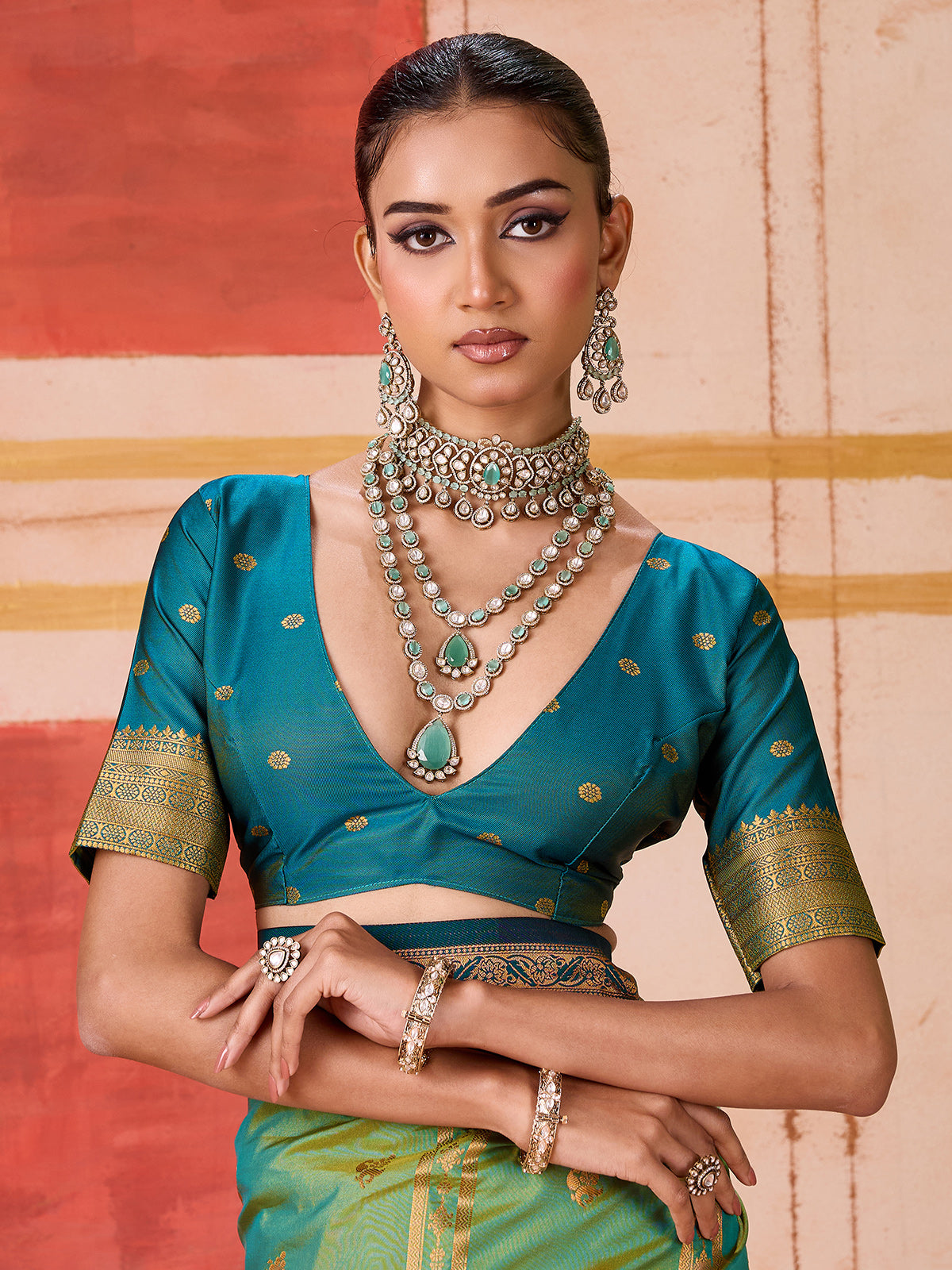 Green silk saree with highlighted contrasting border