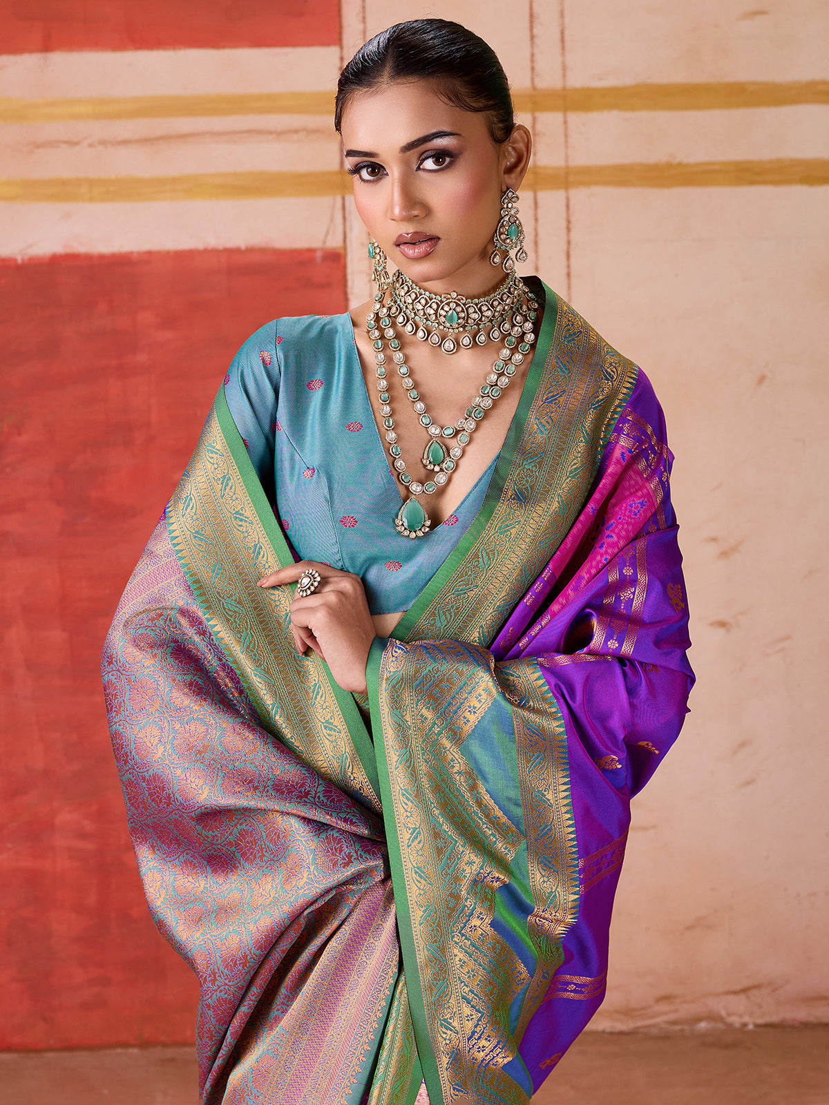 Purple silk pooja wear saree