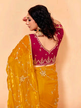 Mustard yellow tissue silk embroidered work festive wear saree