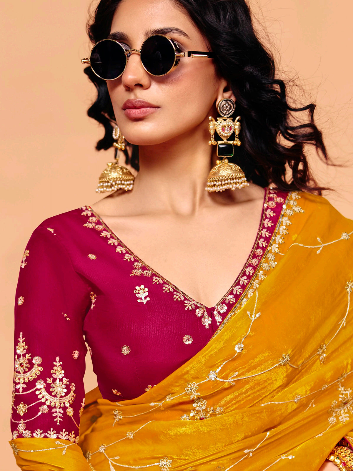Mustard yellow tissue silk embroidered work festive wear saree