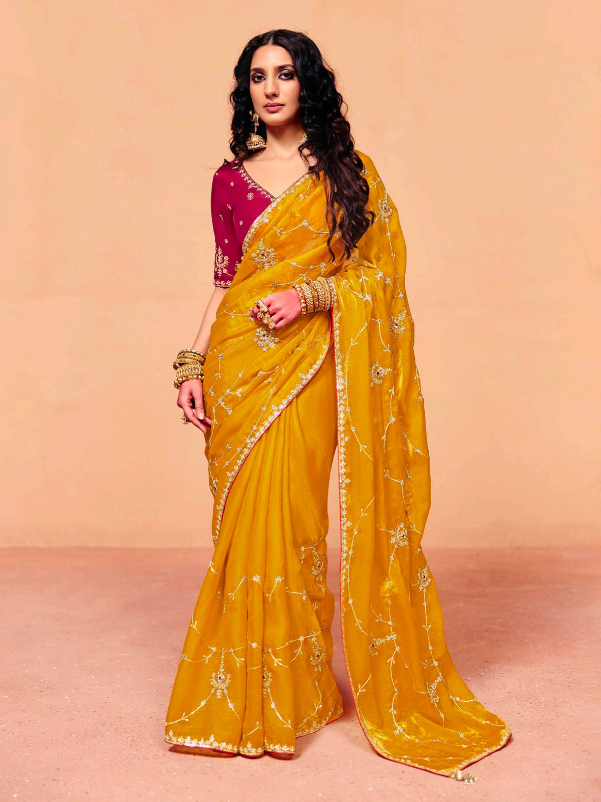 Mustard yellow tissue silk embroidered work festive wear saree