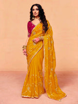 Mustard yellow tissue silk embroidered work festive wear saree