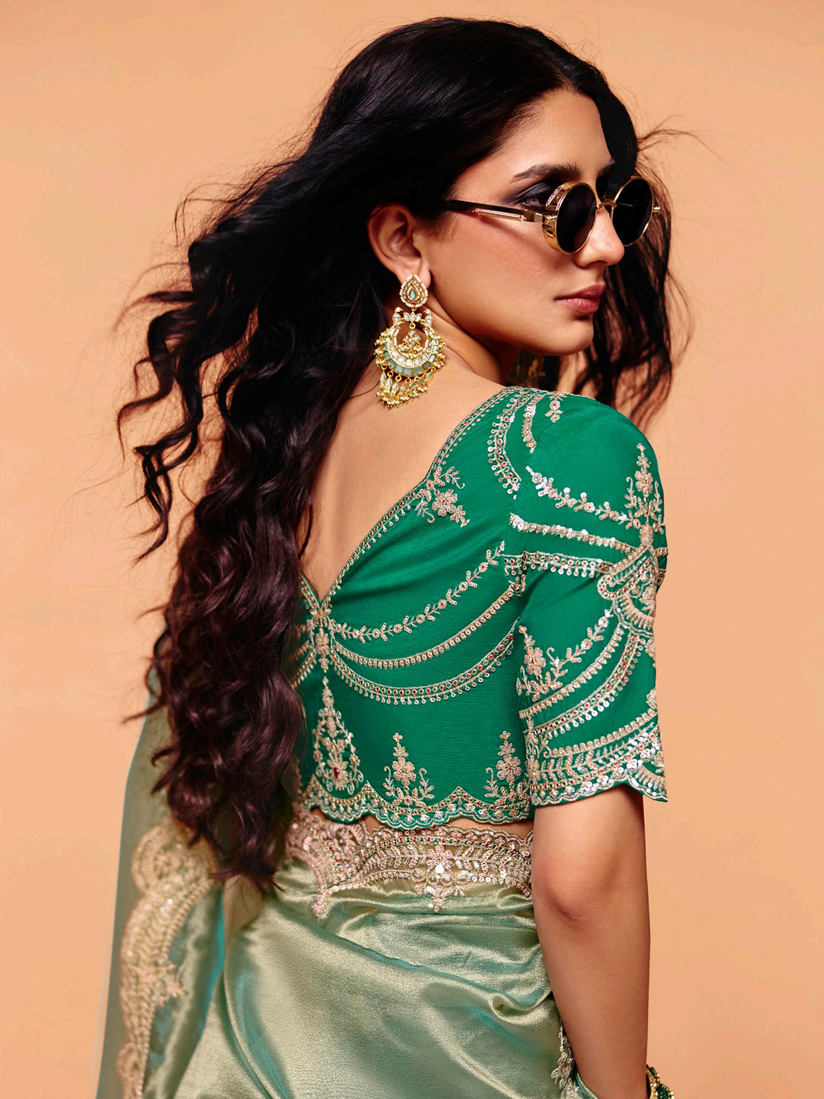 Pastel pista green tissue silk festive wear saree