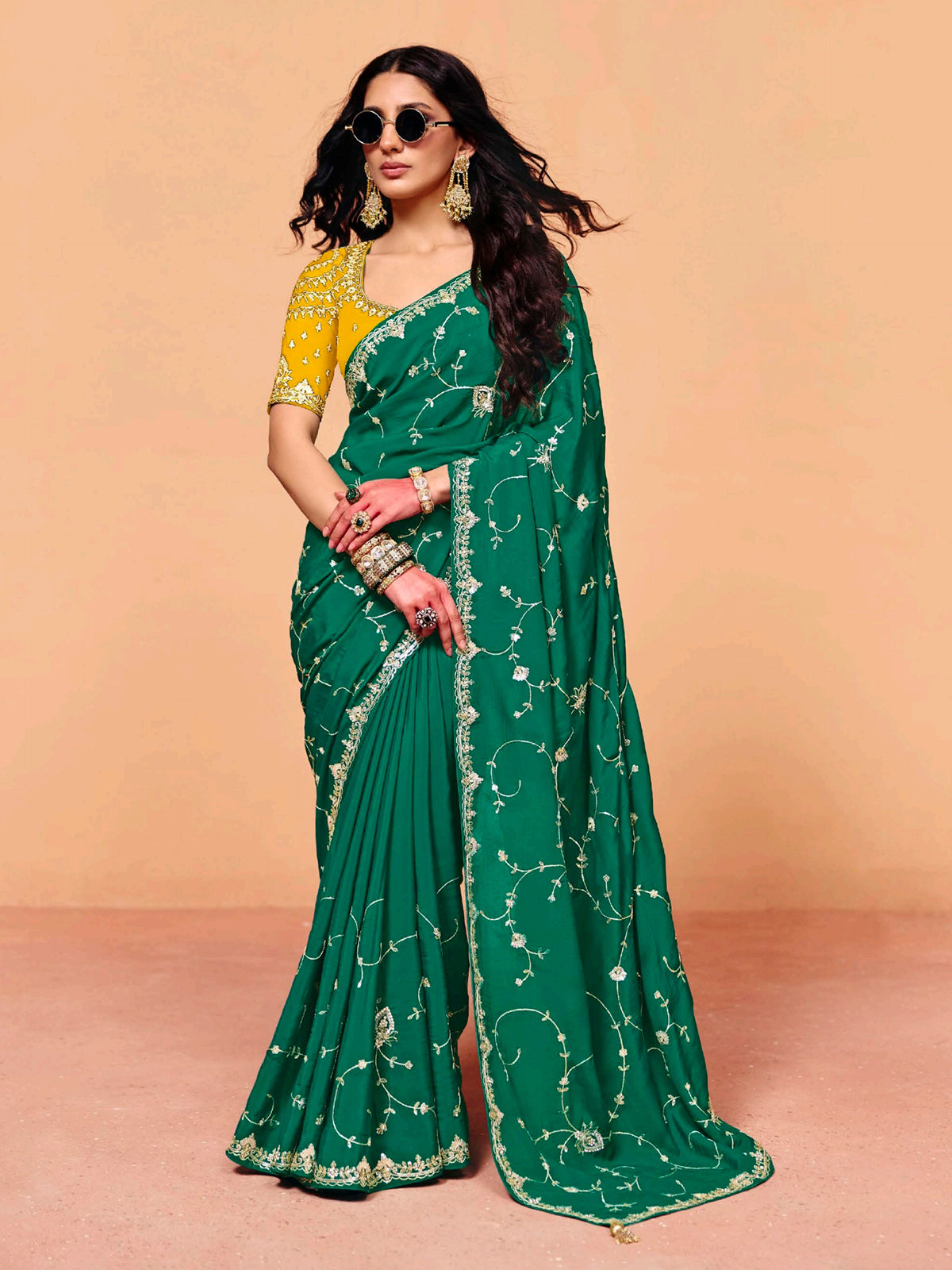Emerald green tissue silk embroidered work festive saree