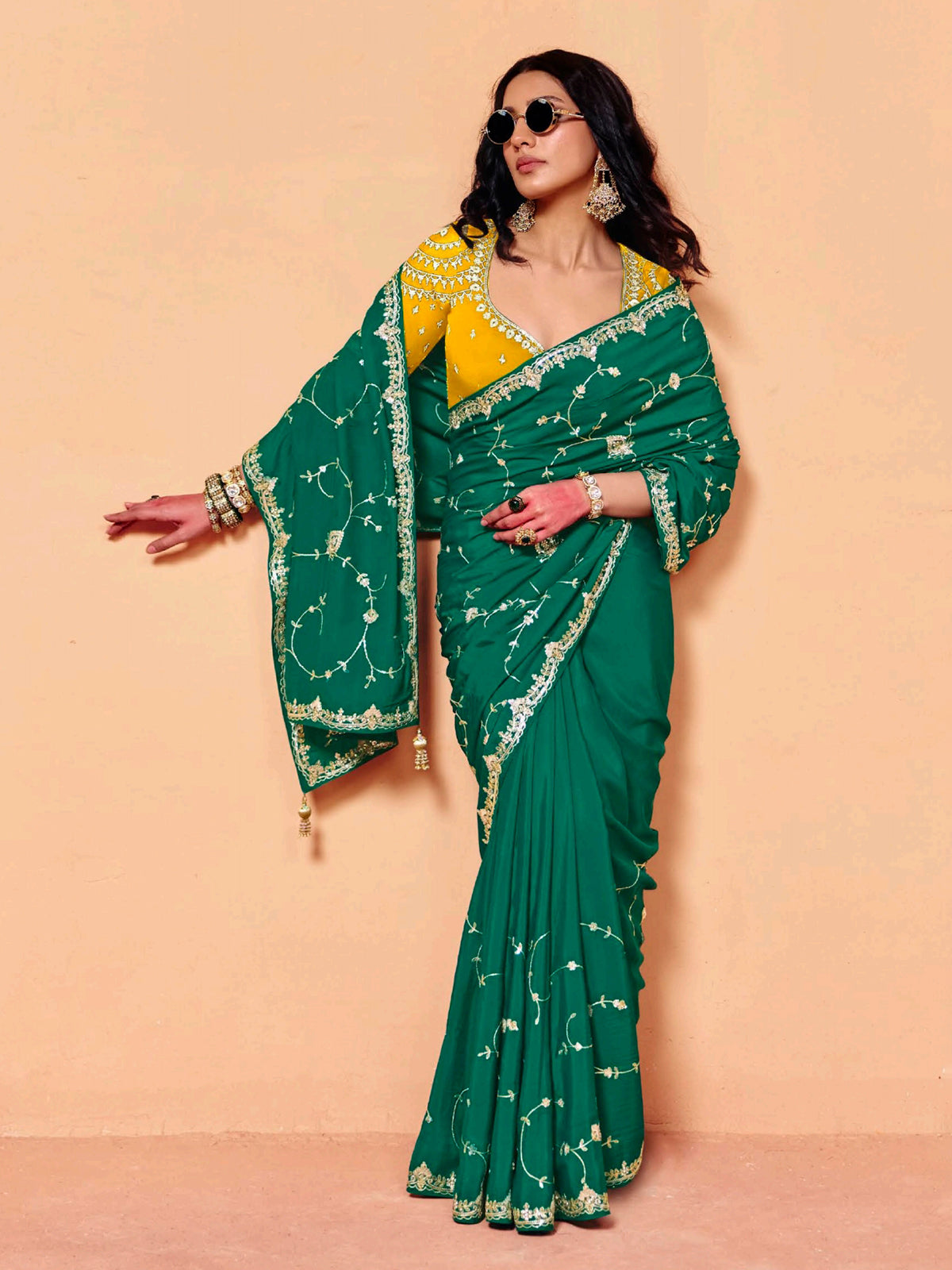 Emerald green tissue silk embroidered work festive saree