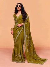 Mehendi olive tissue silk elegant festive wear saree