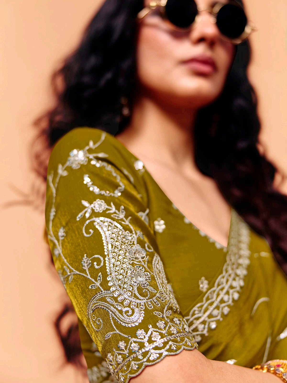 Mehendi olive tissue silk elegant festive wear saree