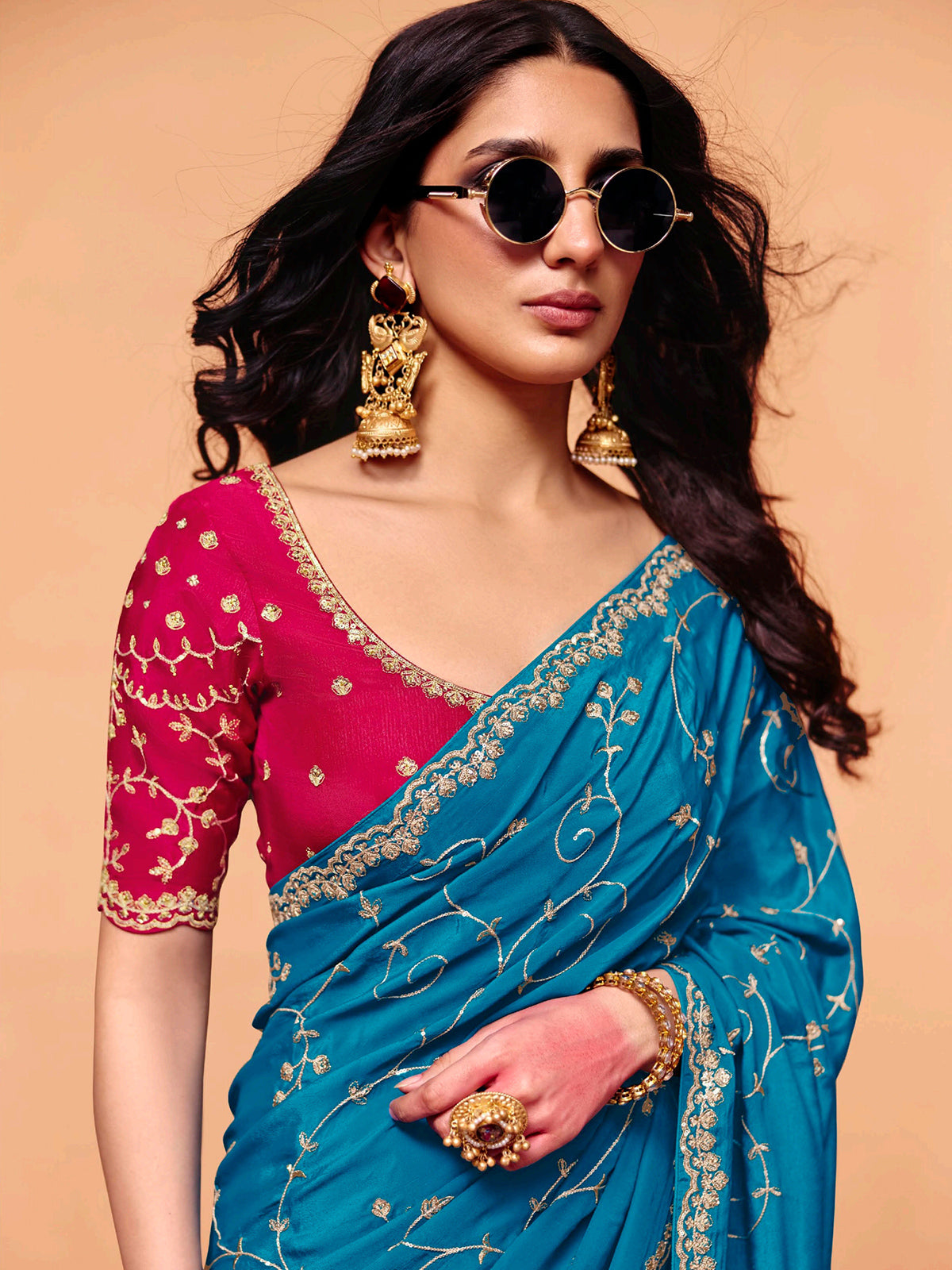 Aqua blue tissue silk embroidered work occasion wear saree