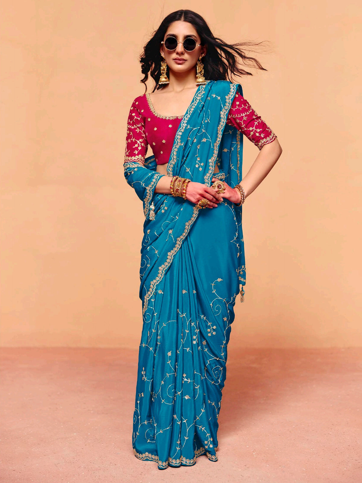 Aqua blue tissue silk embroidered work occasion wear saree