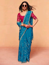 Aqua blue tissue silk embroidered work occasion wear saree