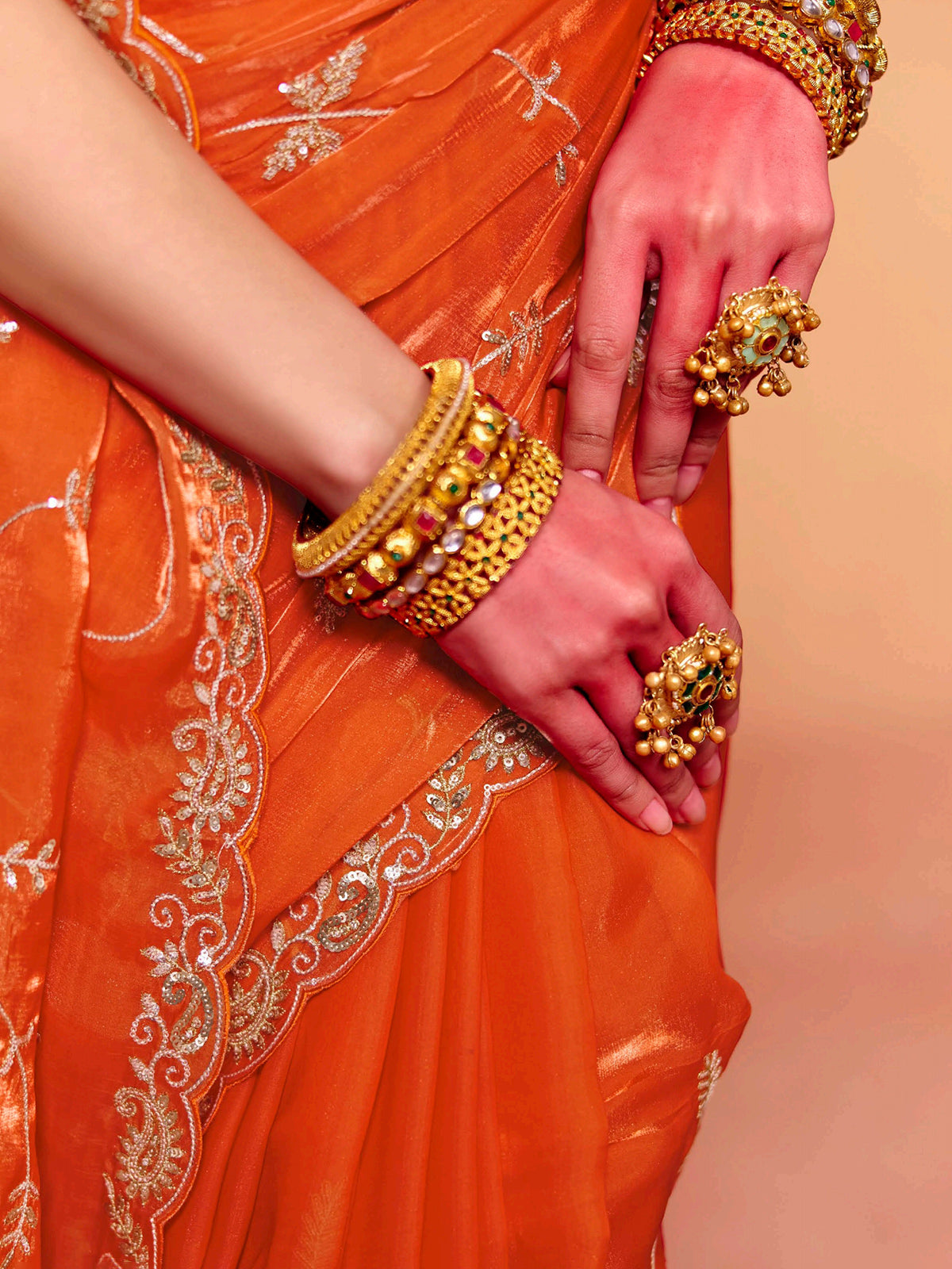Rust orange tissue silk festive embroidered work saree