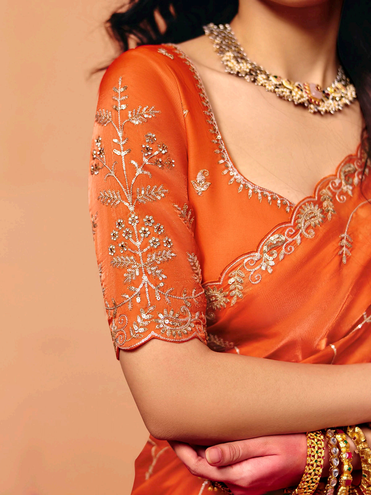 Rust orange tissue silk festive embroidered work saree