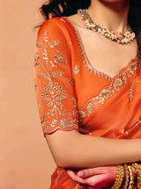 Rust orange tissue silk festive embroidered work saree