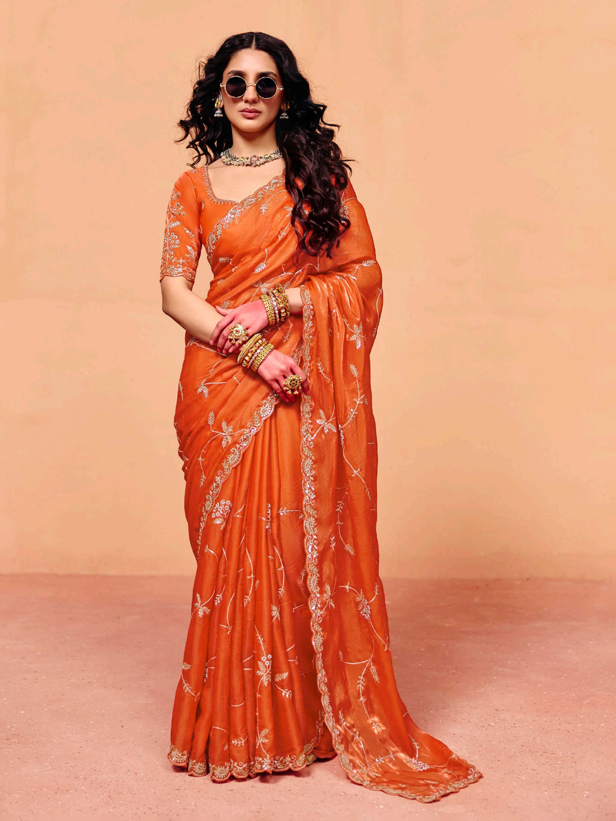 Rust orange tissue silk festive embroidered work saree