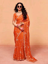 Rust orange tissue silk festive embroidered work saree