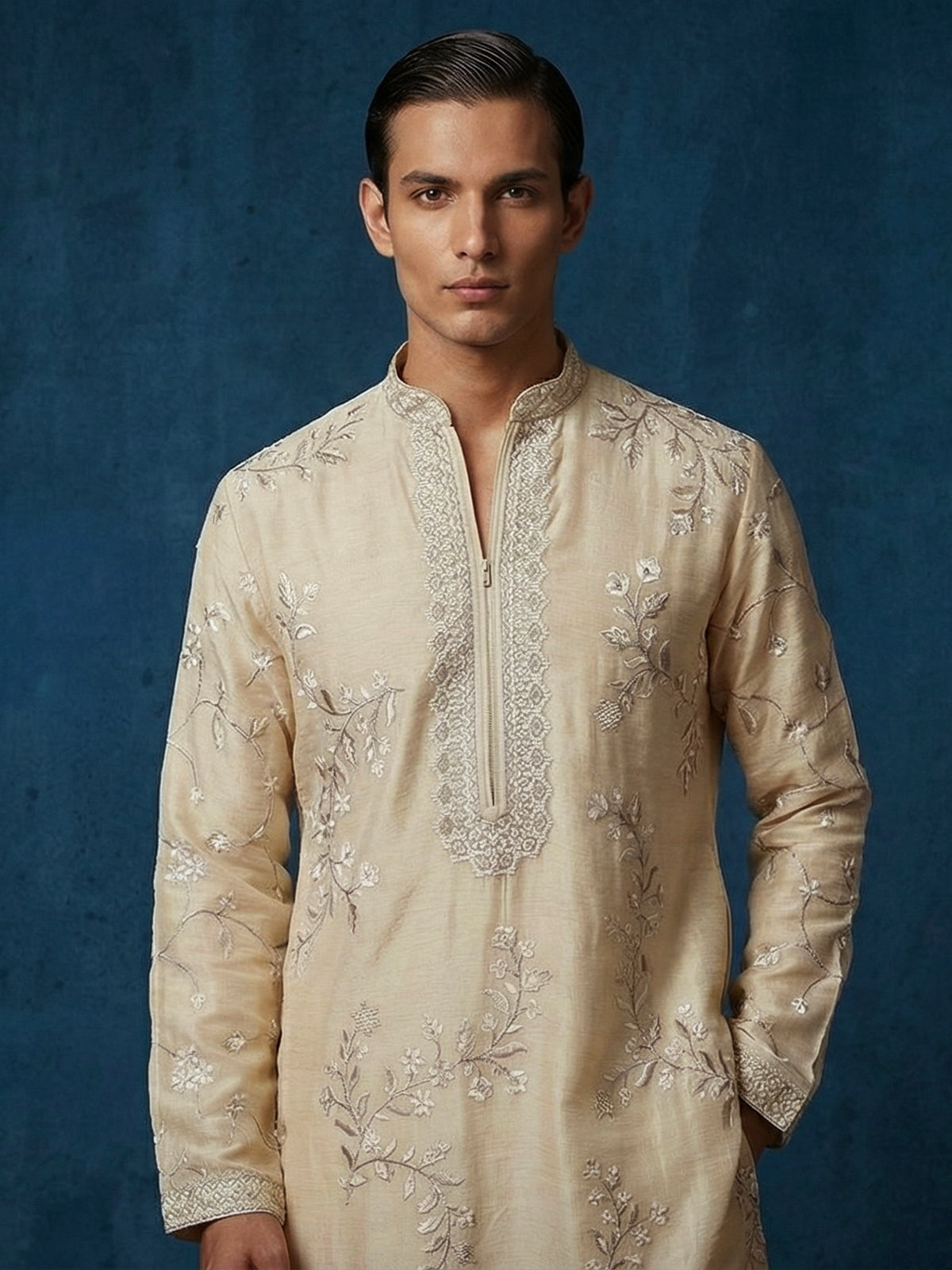 Cream georgette embroidered wedding kurta suit