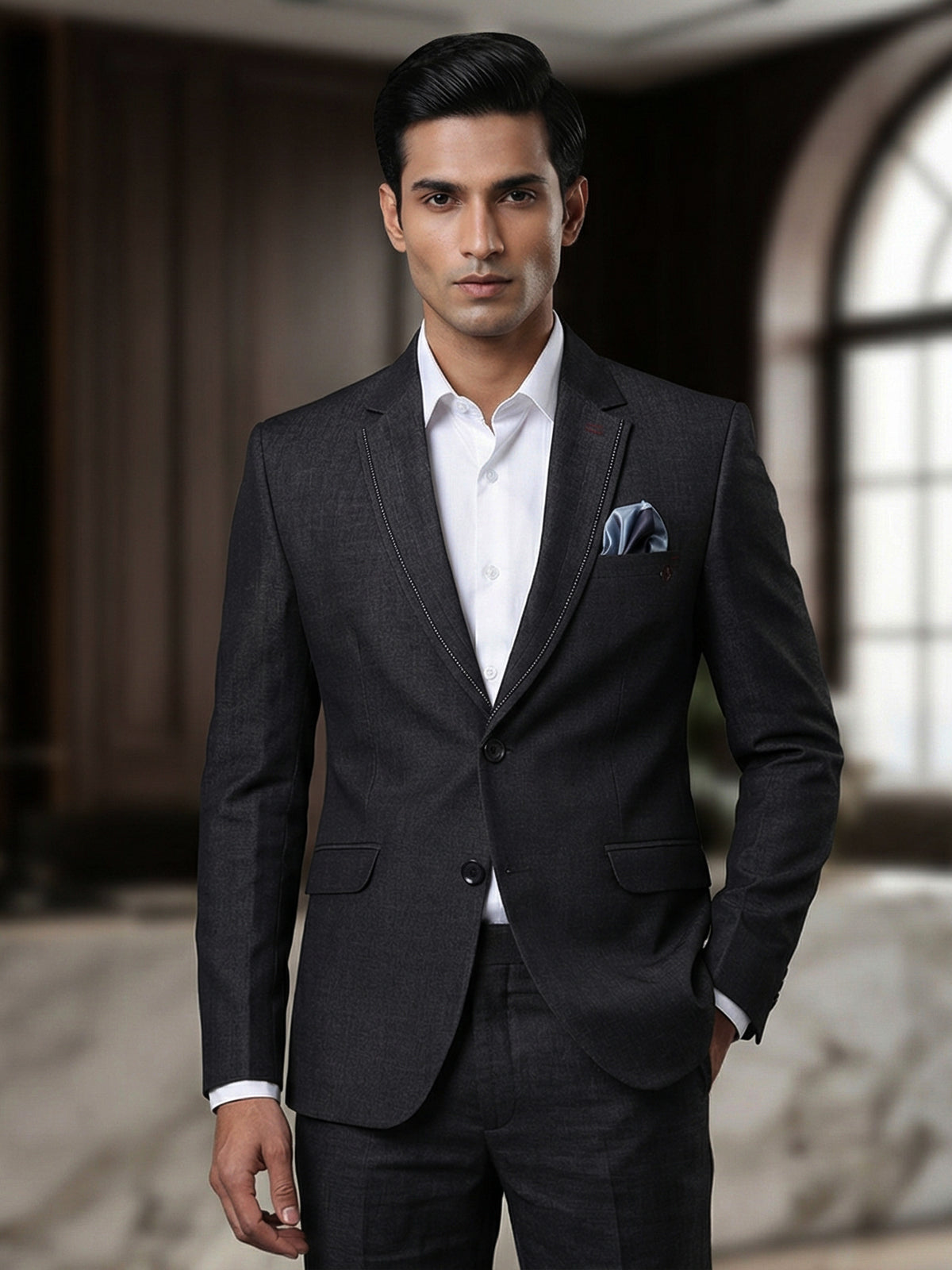 Elegant charcoal grey terry rayon formal blazer
