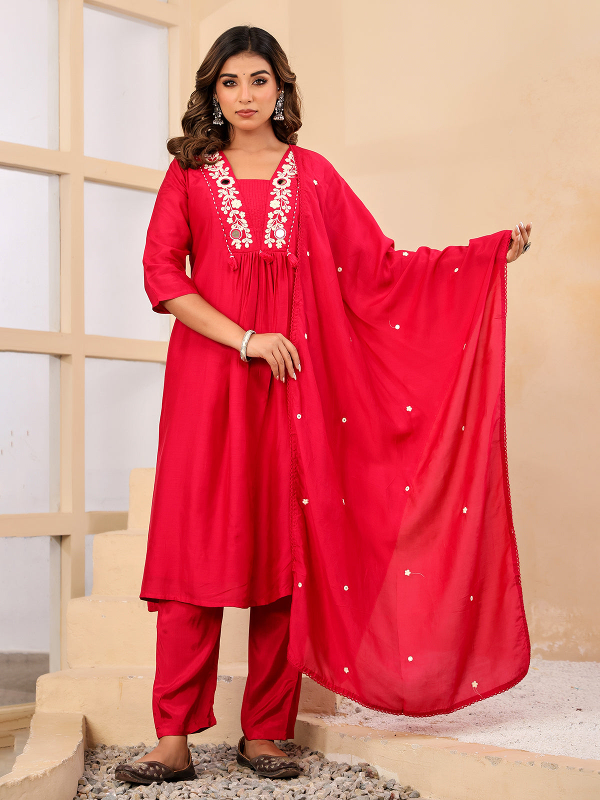 Red silk mirror work festive kurti set with dupatta