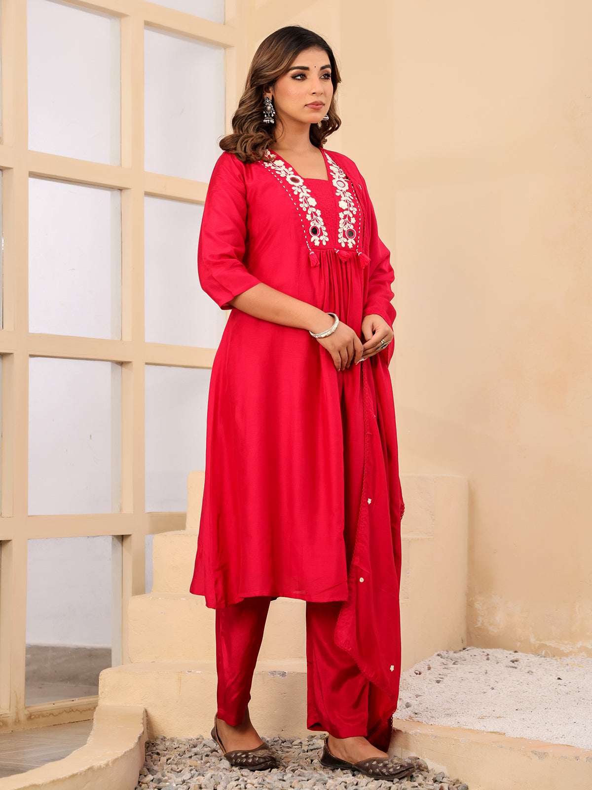 Red silk mirror work festive kurti set with dupatta