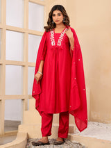 Red silk mirror work festive kurti set with dupatta