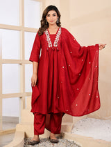 Maroon silk mirror thread work festive kurti set