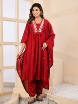 Maroon silk mirror thread work festive kurti set