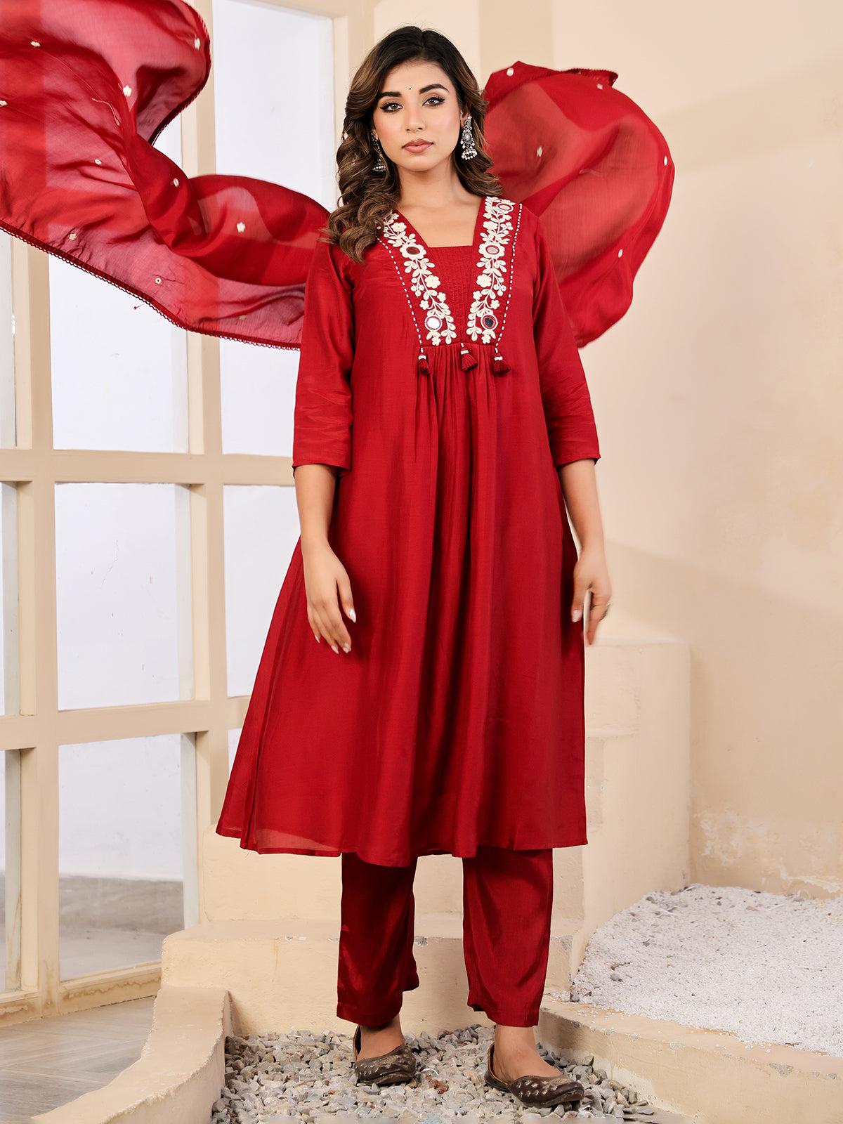 Maroon silk mirror thread work festive kurti set