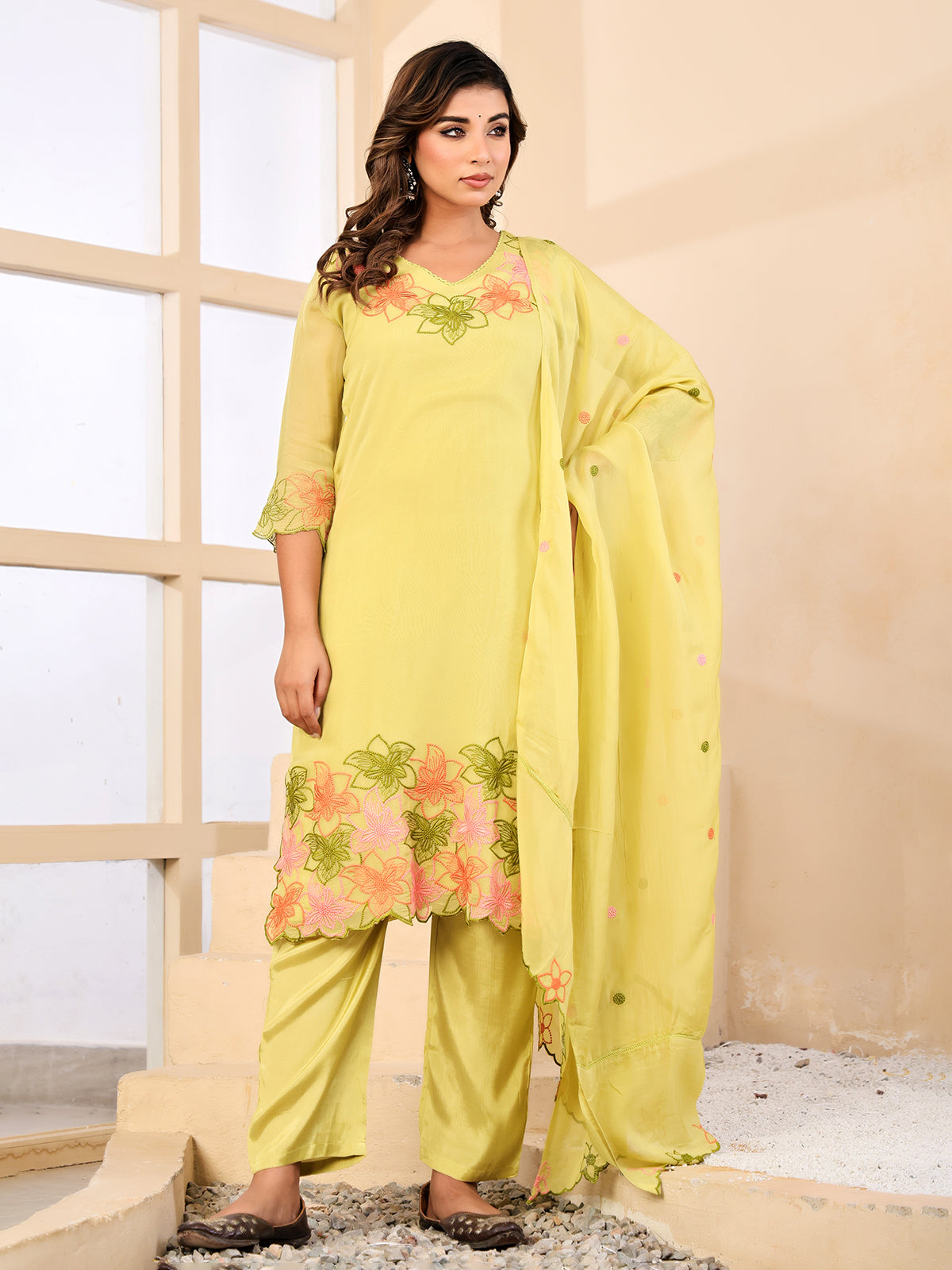 Yellow georgette silk floral embroidered festive kurti set