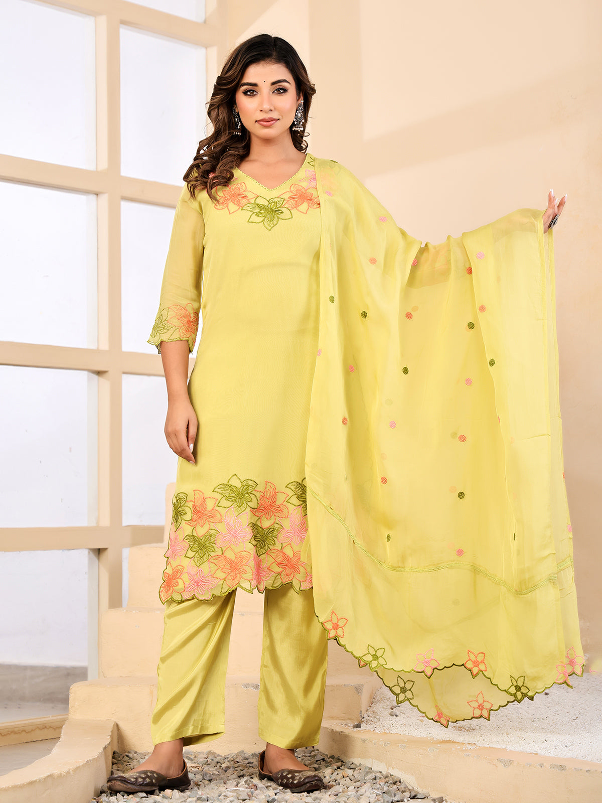 Yellow georgette silk floral embroidered festive kurti set