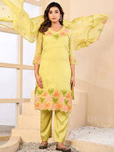 Yellow georgette silk floral embroidered festive kurti set