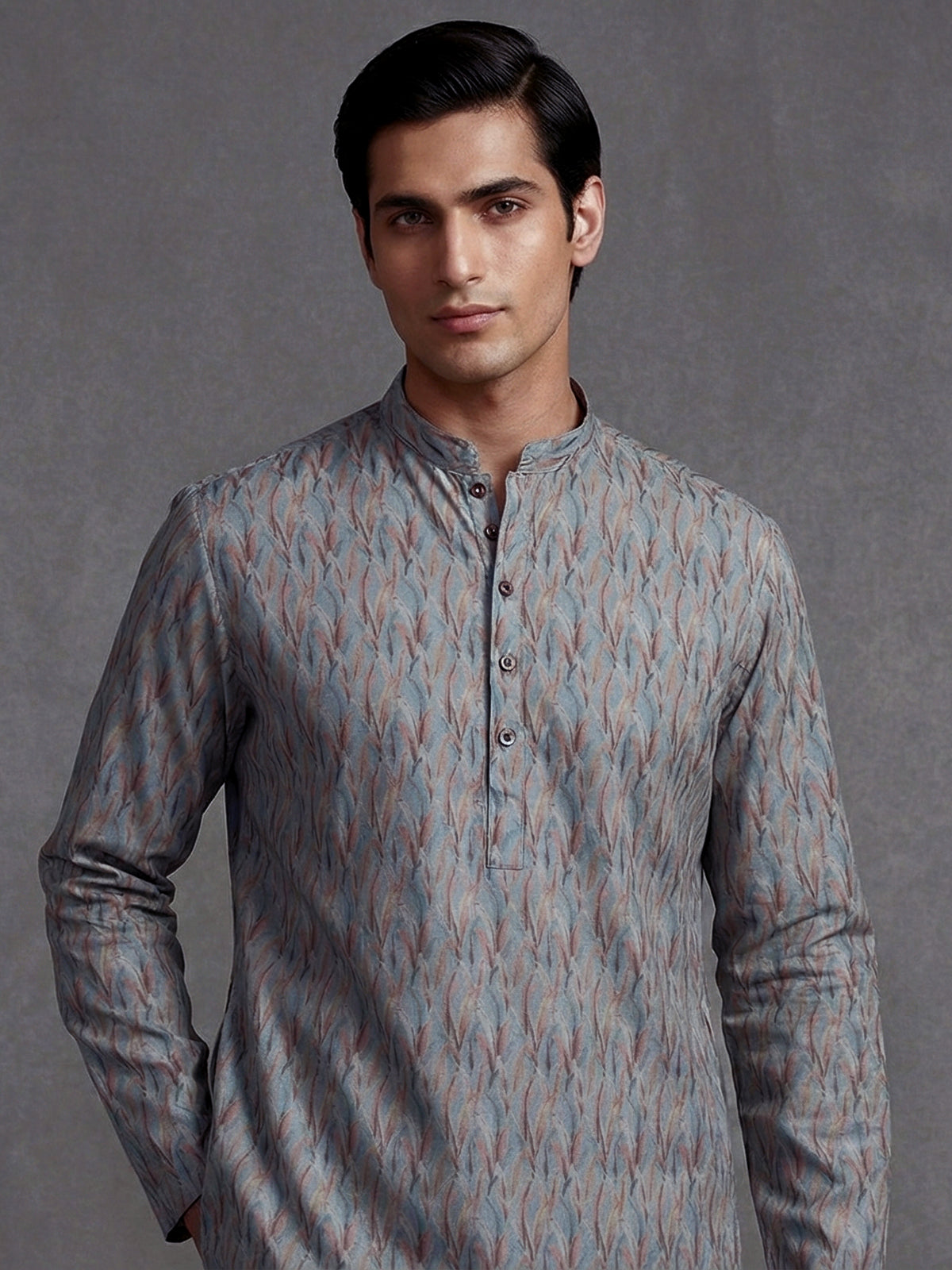 Grey cotton silk printed festive kurta suit