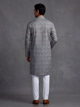 Grey cotton silk printed festive kurta suit