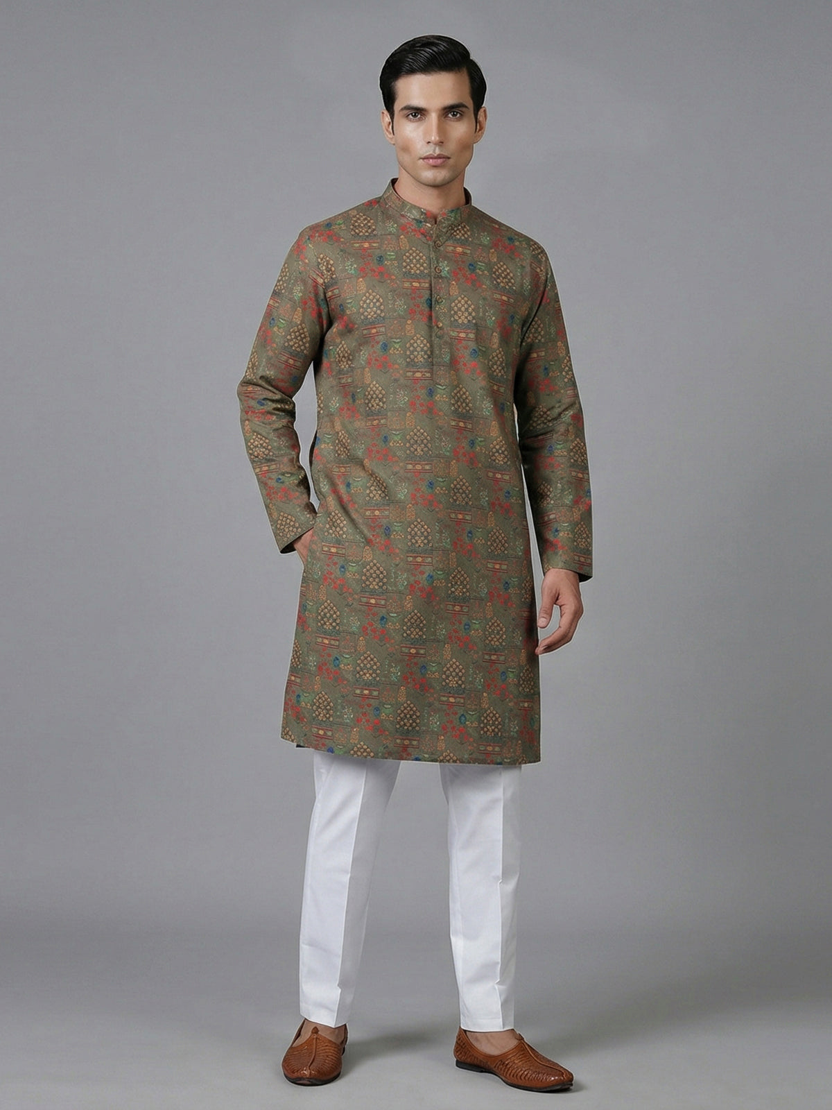 Mehendi olive cotton silk printed festive kurta suit