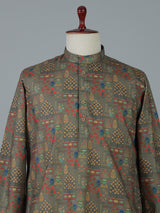 Mehendi olive cotton silk printed festive kurta suit