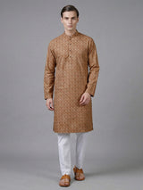 Dusty peach cotton silk printed festive kurta suit