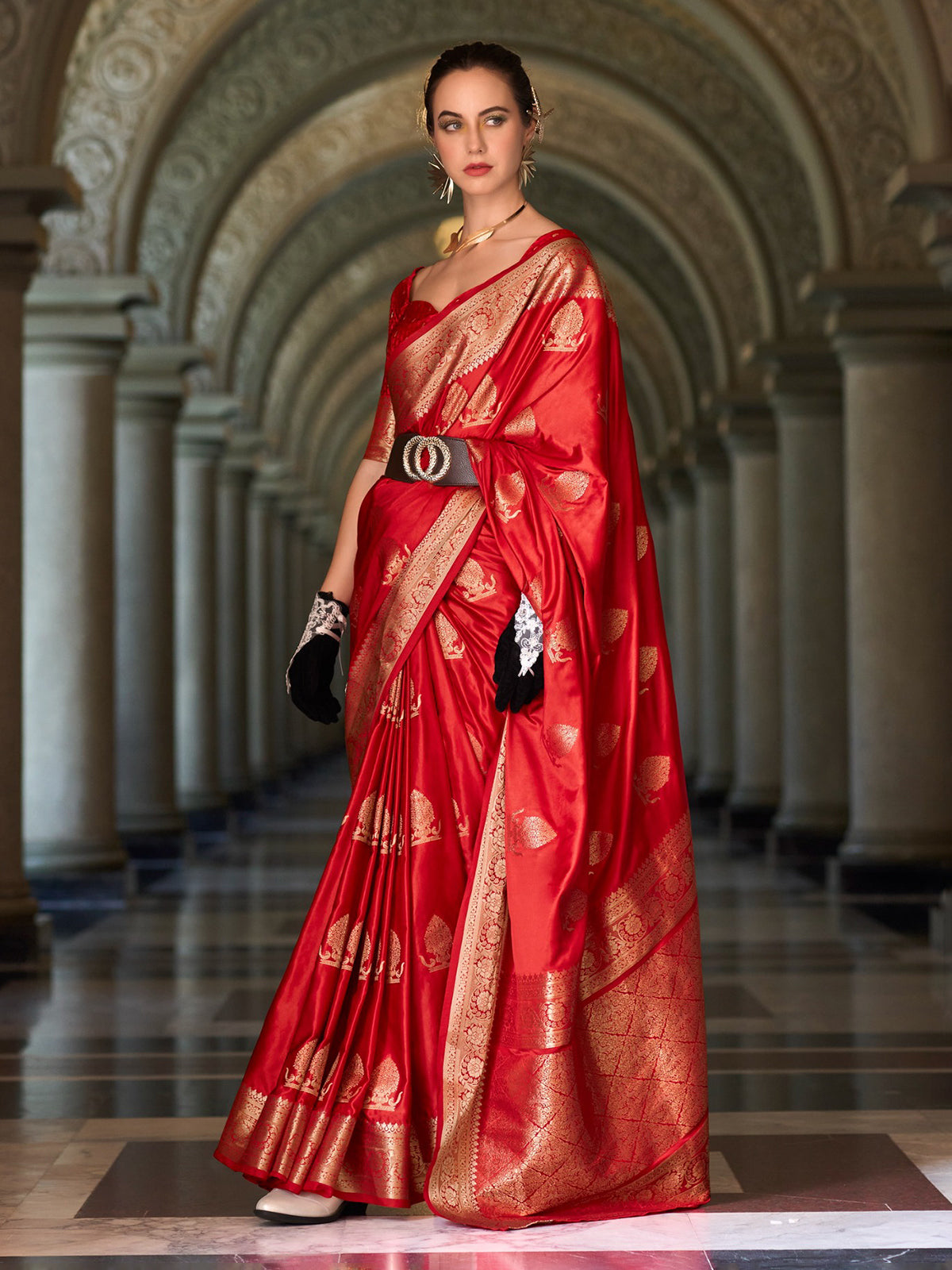 Classic red satin crepe silk zari border saree